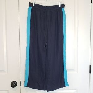 J. Crew Navy Blue Side Stripe Linen Drawstring Wide Leg Pants S